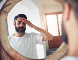 A man looks in a mirror with his palm to his forehead.