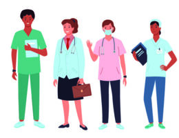 An illustration showing a row of medical doctors wearing scrubs or lab coats.