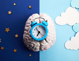 An illustration of an alarm clock on top of a brain on a background split between a starry night sky and a daytime sky with clouds.