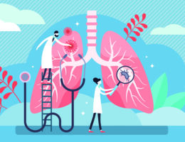 Cartoon doctors examine a giant pair of lungs.